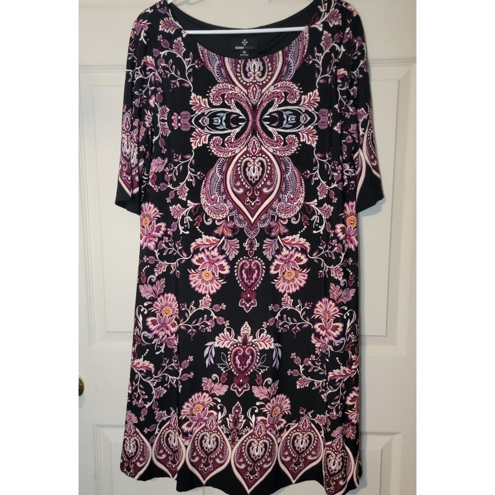 Ronni Nicole Women's Shift Dress 16 Black Paisley 3/4 Sleeve Knit Lined Stretch